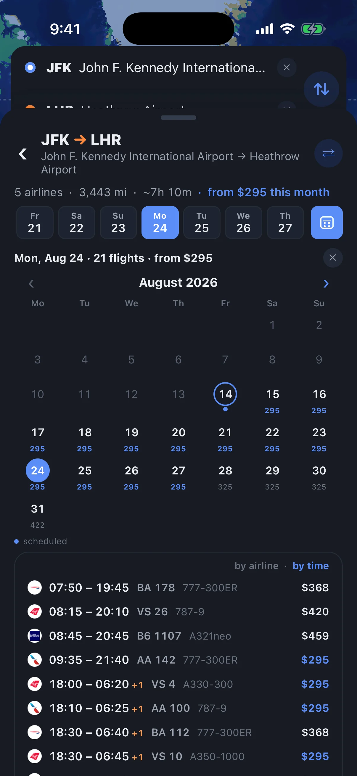 iPhone screenshot: month calendar for JFK to LHR with a fare on every date