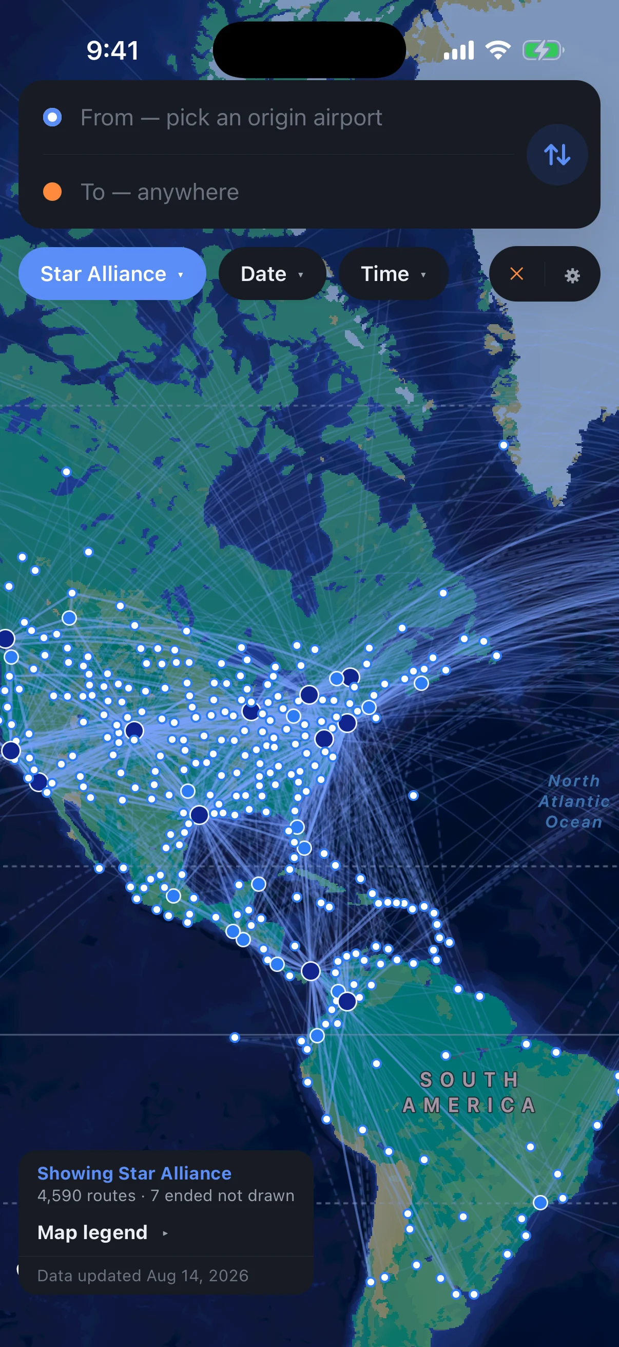 iPhone screenshot: world map filtered to Star Alliance, showing only that alliance's routes, hubs, and served airports