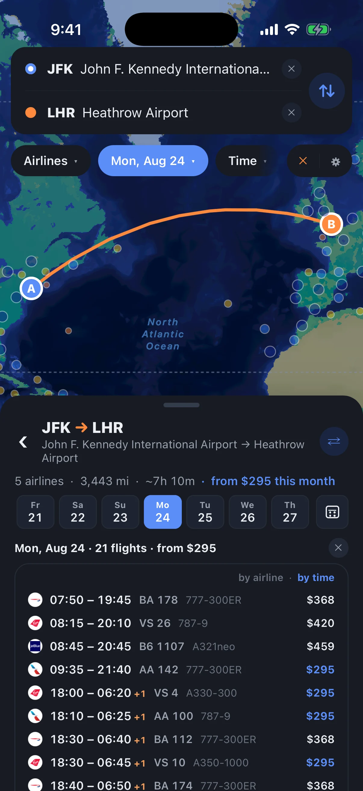 iPhone screenshot: JFK to LHR flight list showing airlines, departure times, aircraft types, operating days, and fares