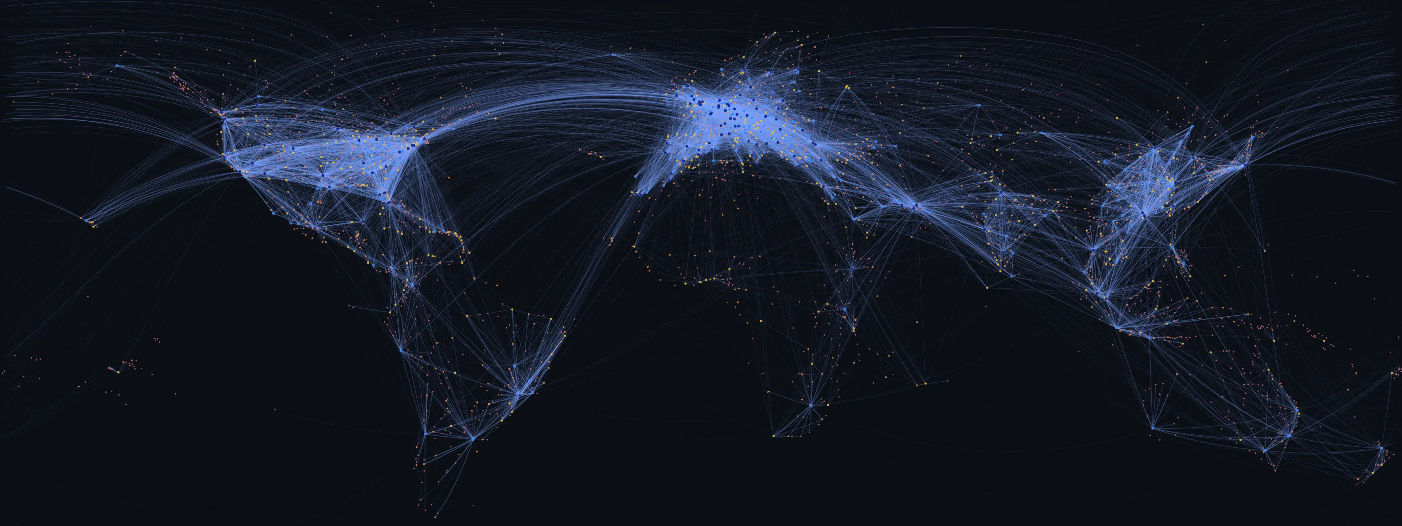 World map drawn entirely by flight routes: thousands of pale blue arcs tracing every nonstop route on Earth, with airports as colored dots